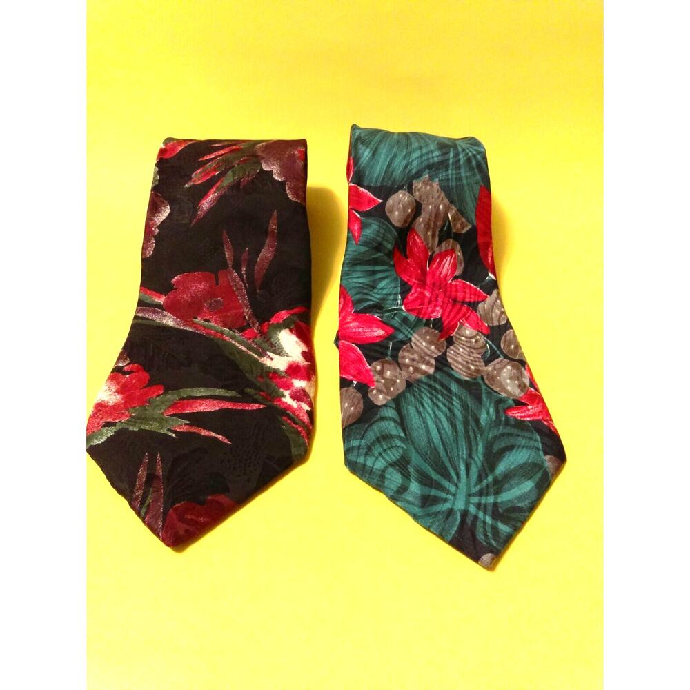Lot of 2 D Loper Beverly Hills 100% Silk Hawaiian Style Floral USA Italy Necktie